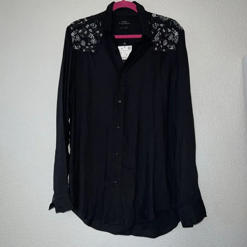 NWT Zara Black Embroidered Button Up Blouse